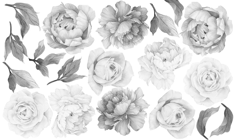 Black and White Peony & Rose Wall Decals - Ginger Monkey