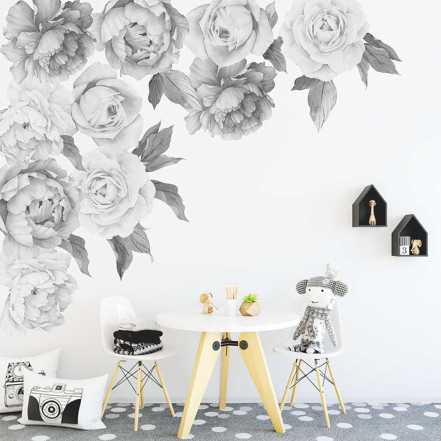 Black and White Peony & Rose Wall Decals - Ginger Monkey