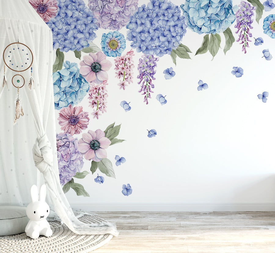 Blue & Lilac Hydrangea Floral Wall Decals - Ginger Monkey