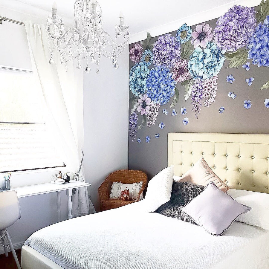 Blue & Lilac Hydrangea Floral Wall Decals - Ginger Monkey