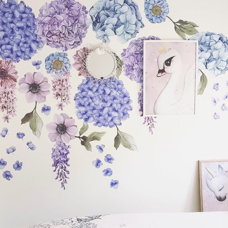 Blue & Lilac Hydrangea Floral Wall Decals - Ginger Monkey