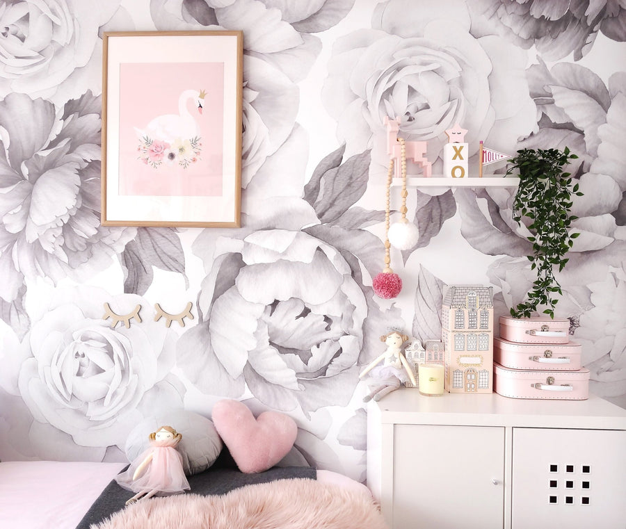 B&W Peony and Rose Wallpaper - Ginger Monkey