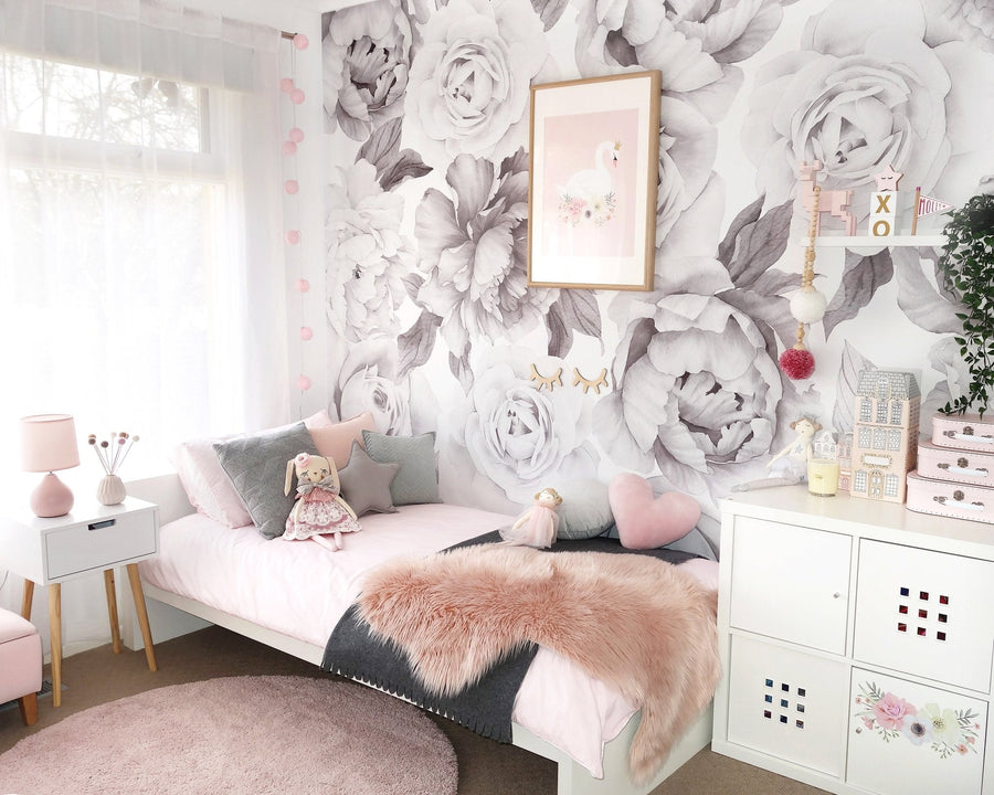 B&W Peony and Rose Wallpaper - Ginger Monkey