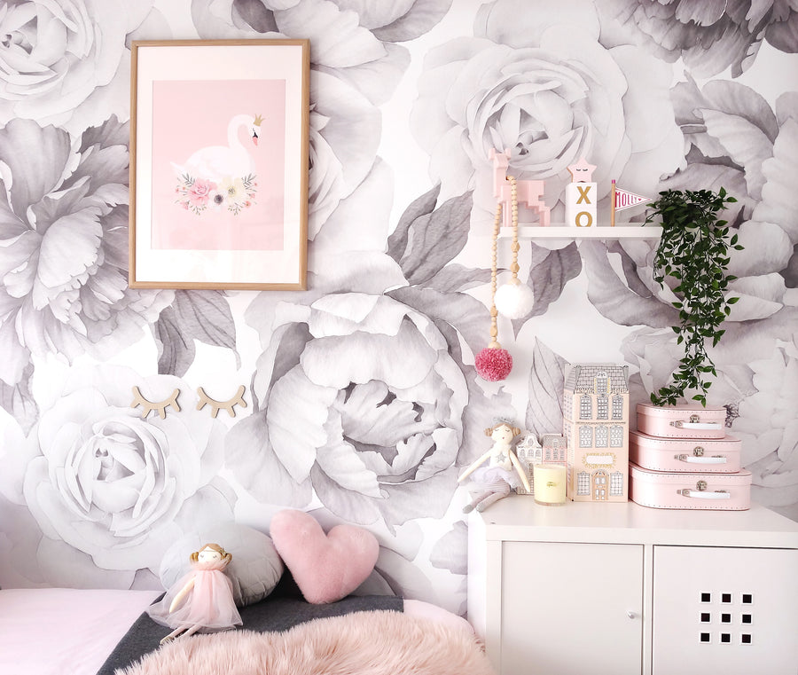 B&W Peony and Rose Wallpaper - Ginger Monkey 
